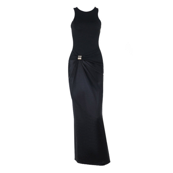 Round neck satin ruched solid maxi dress