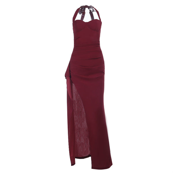 Halter high slit ruched solid maxi dress