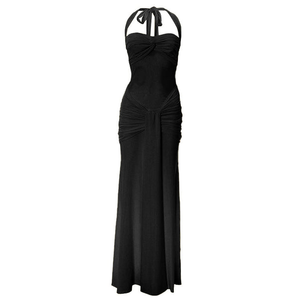 Halter self tie ruched mesh maxi dress