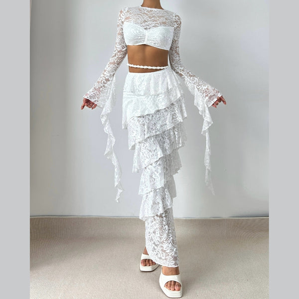 Long sleeve lace crewneck hollow out maxi skirt set