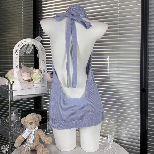 High neck halter self tie backless knitted mini dress