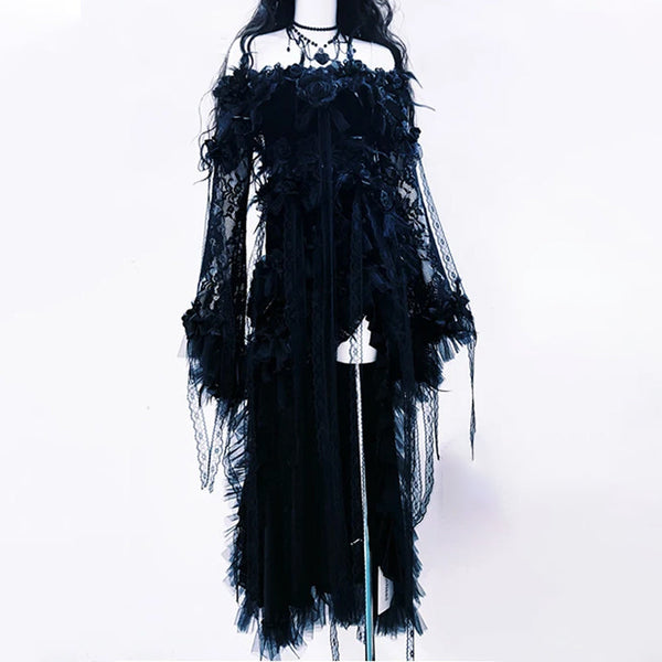 Off shoulder long sleeve lace flower applique maxi dress