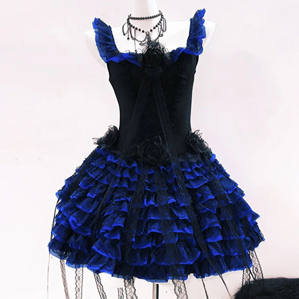 Ruffle flower applique square neck zip-up mini dress