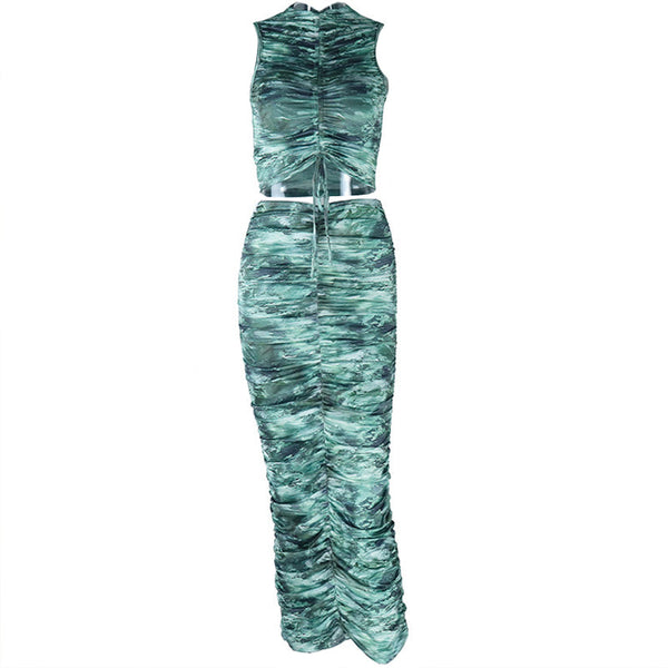 Drawstring ruched crewneck print midi skirt set