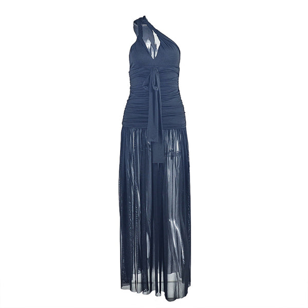 One shoulder ruched irregular slit maxi dress