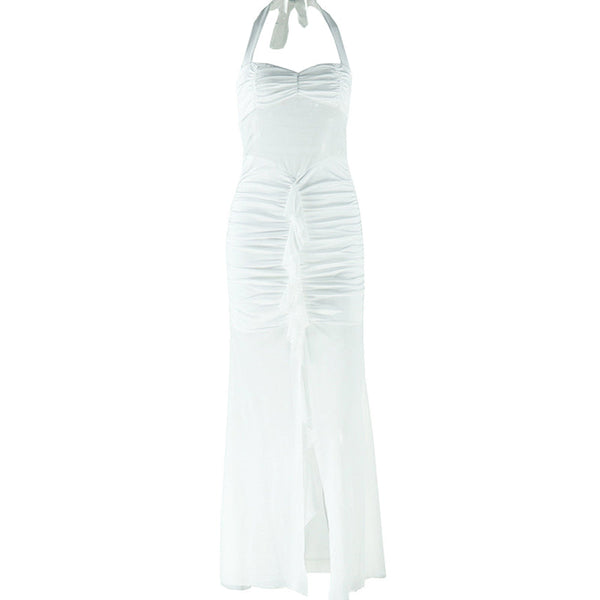 Halter self tie ruched v neck backless maxi dress