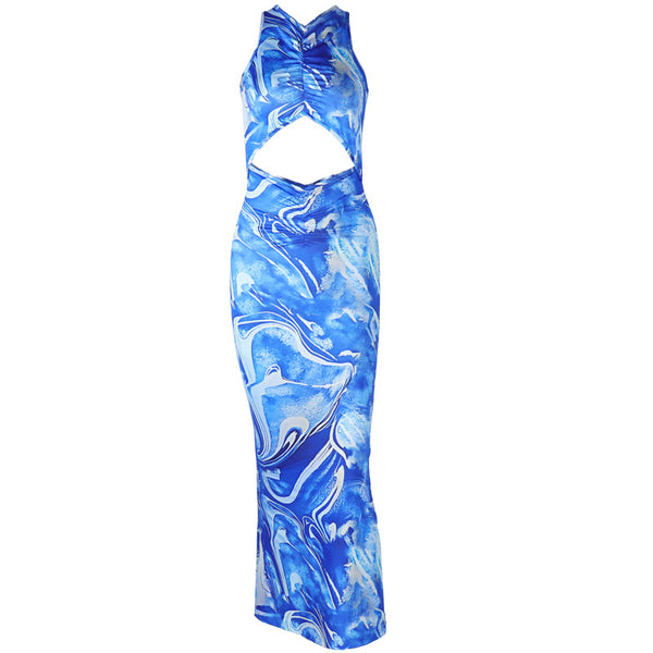 Cross back hollow out ruched print maxi dress