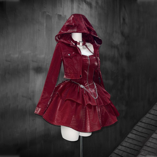 Long sleeve hoodie PU leather halter zip-up 2 piece mini dress