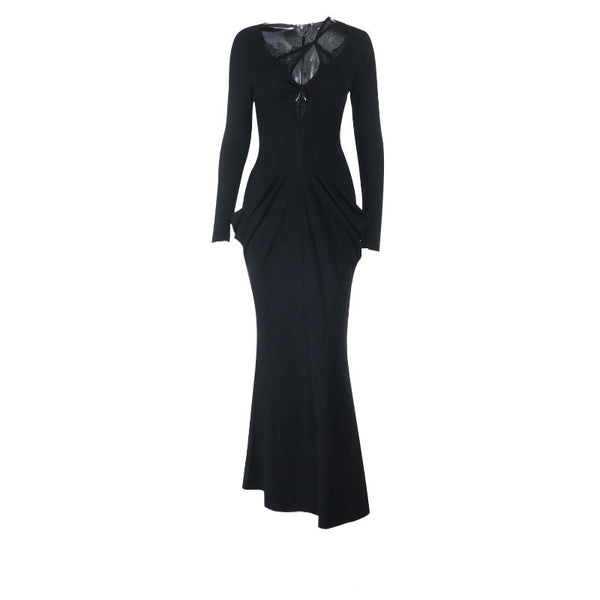 Long sleeve lace hem hollow out ruched maxi dress