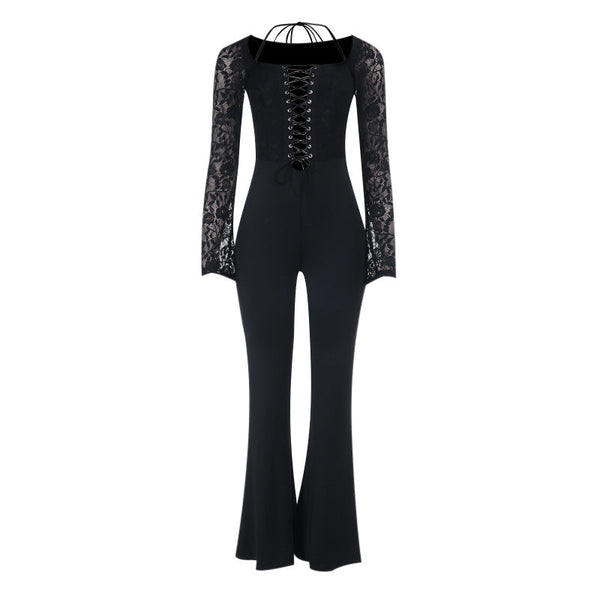 Long sleeve halter lace up lace jumpsuit