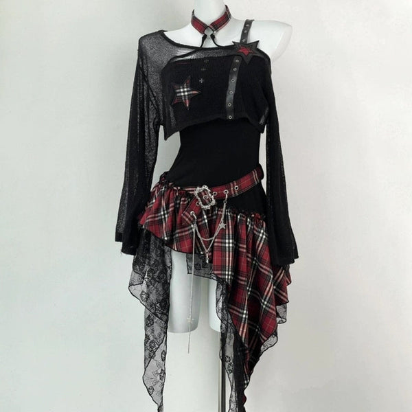 Long sleeve irregular plaid ruffle 2 piece mini dress