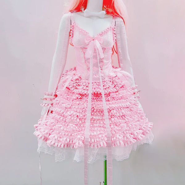 Bowknot ruffle v neck lace hem cami midi skirt set