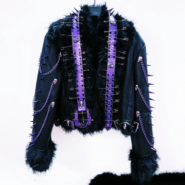 Long sleeve fluffy o ring metal chain rivet applique top