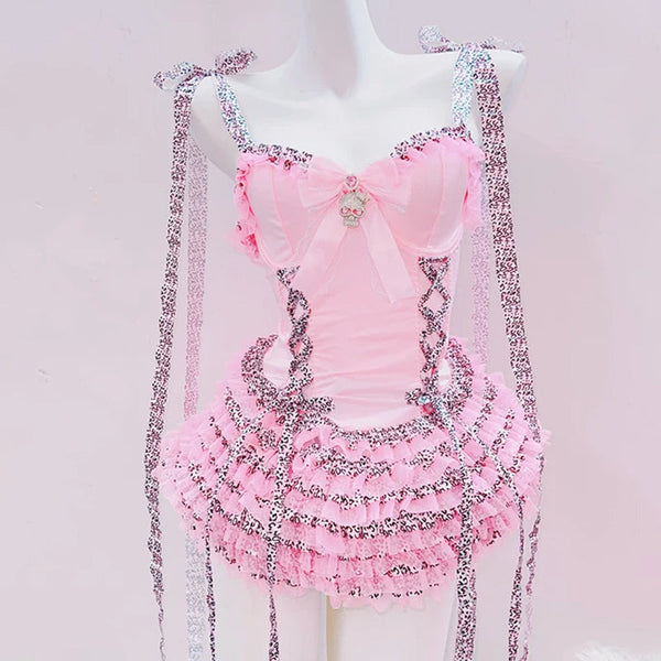 Bowknot v neck ruffle self tie cami mini dress