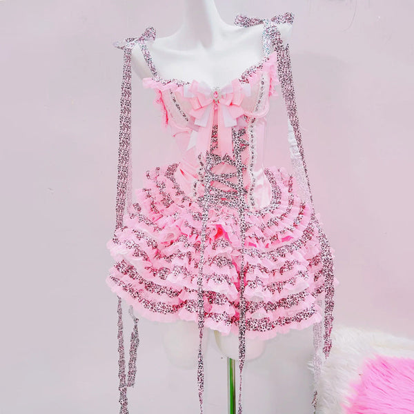 Ruffle bowknot lace up v neck cami mini dress