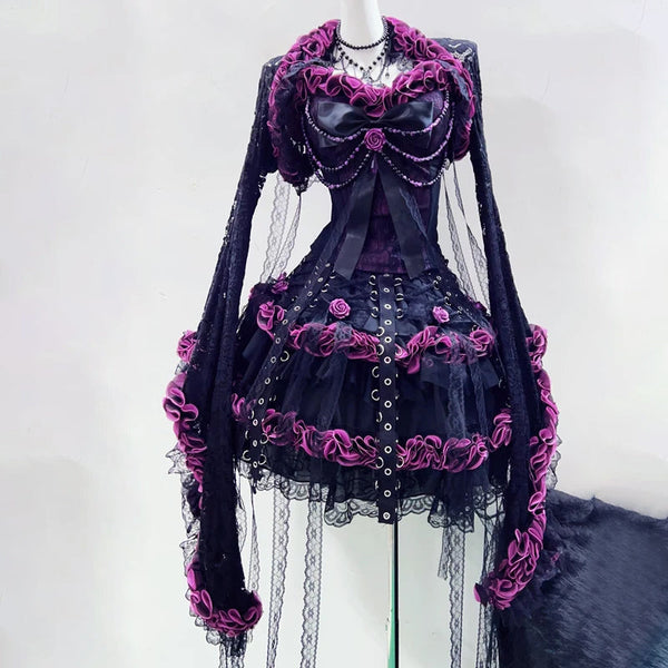 Long flared sleeve flower applique beaded mini skirt set