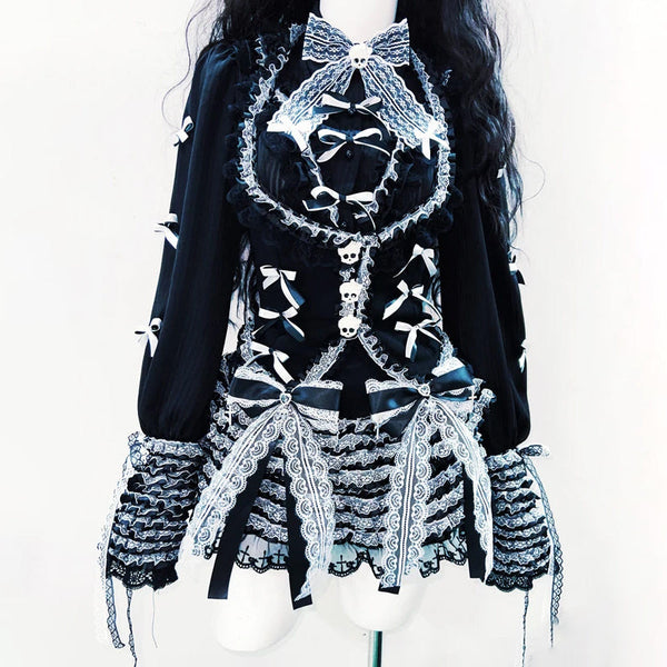 Bowknot long sleeve lace hem mini skirt set