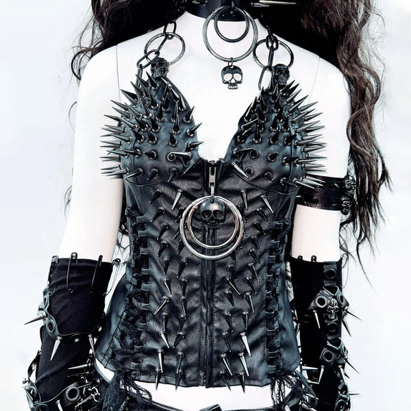 O ring zip-up rivet applique v neck PU leather top