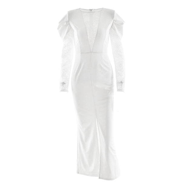 Long sleeve v neck lace slit maxi dress