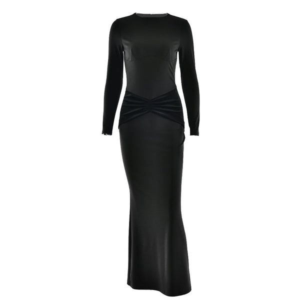 Crewneck long sleeve ruched zip-up maxi dress