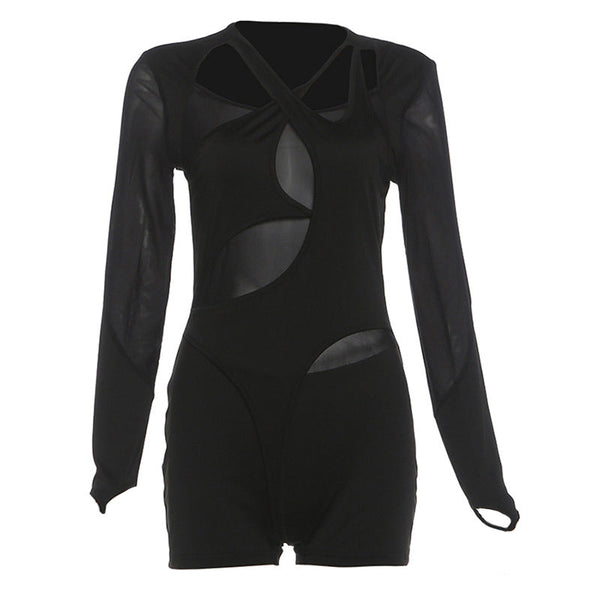Hollow out long sleeve mesh gloves romper