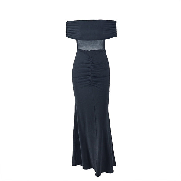 Off shoulder ruched mesh patchwork maxi dress