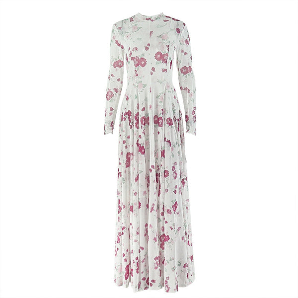 Long sleeve crewneck flower print mesh maxi dress