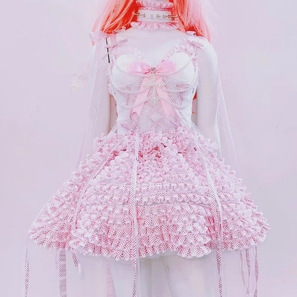 Bowknot beaded polka dot ruffle cami top