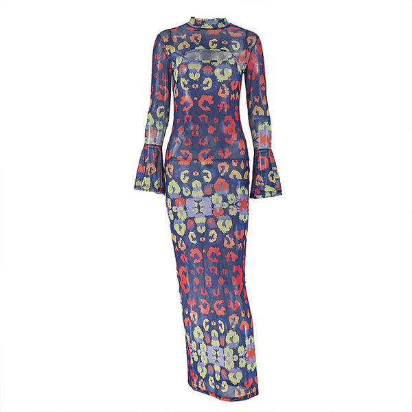 Long sleeve mesh contrast print maxi dress
