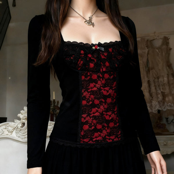 Square neck long sleeve flower applique lace top