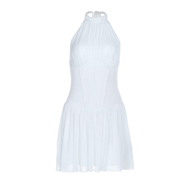 Ruched self tie halter chiffon zip-up mini dress