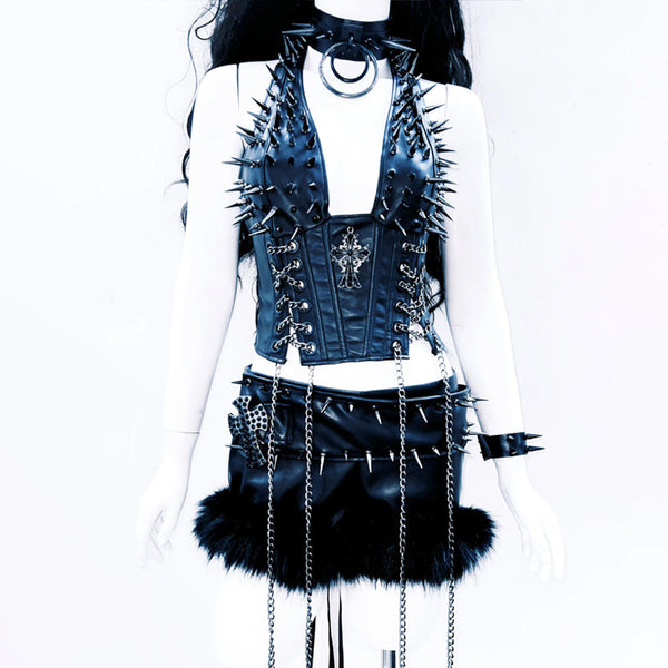 PU leather rivet metal chain buckle mini skirt