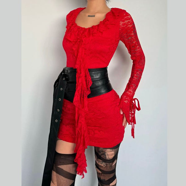 Long flared sleeve u neck lace ruffle mini dress