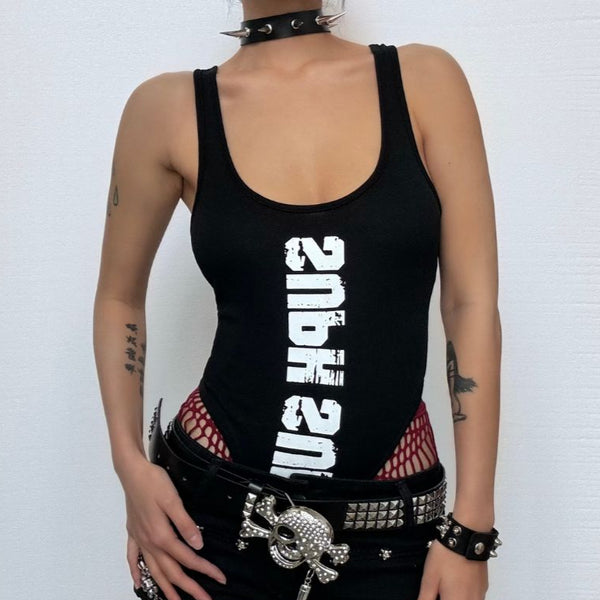 U neck letter print button tank bodysuit