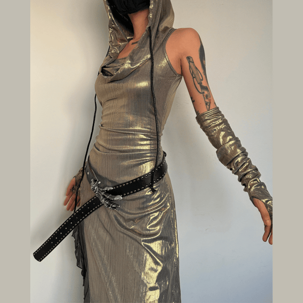 Hoodie high slit gloves irregular cowl neck metallic maxi dress