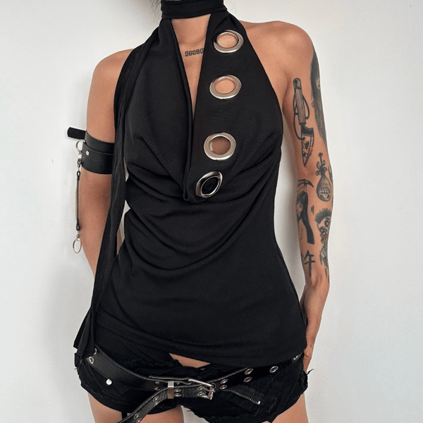 Halter sin espalda ahuecado cuello vuelto acanalado top liso gótico Moda Darkwave alternativa gótica Moda Darkwave emo 