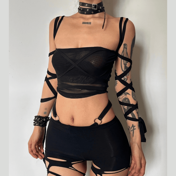 Bandage mesh see-through lace up tube top y2k 90s Revival Techno Fashion