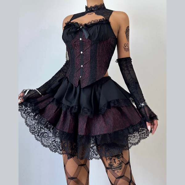 Hollow out lace hem corset A line mini skirt set