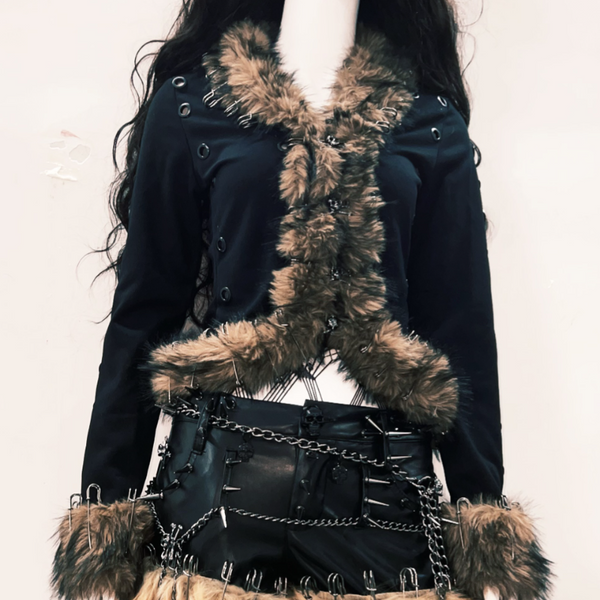 Fluffy long sleeve skull applique hollow out top