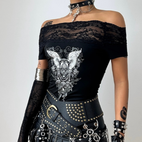 Off shoulder lace patchwork abstract top