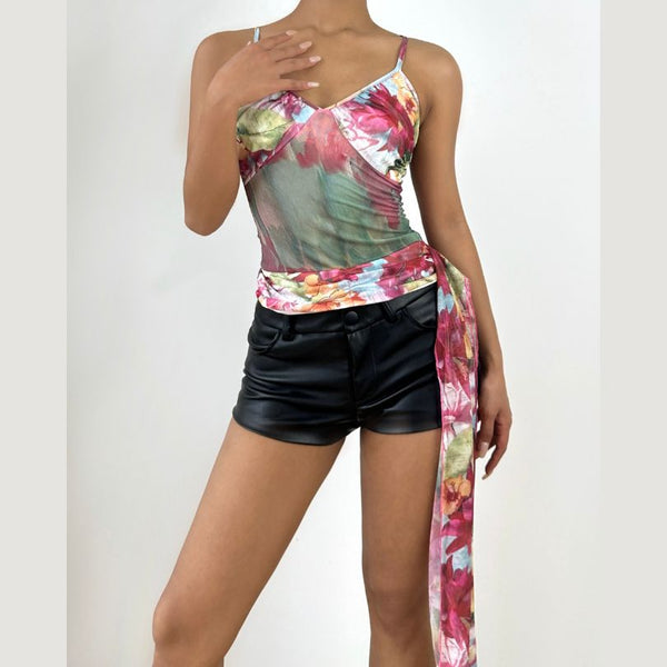 V neck flower print mesh cami top