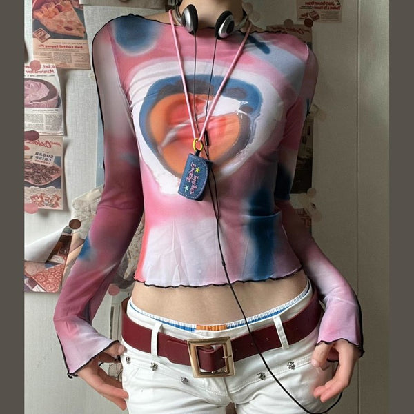 透け感のあるメッシュのコントラストプリントクルーネックフリル長袖トップスサイバーパンクSFファッション