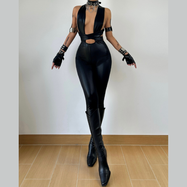 Cross back self tie backless solid jumpsuit