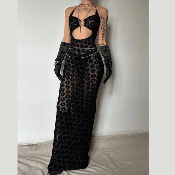 Halter self tie o ring hollow out knitted mini dress