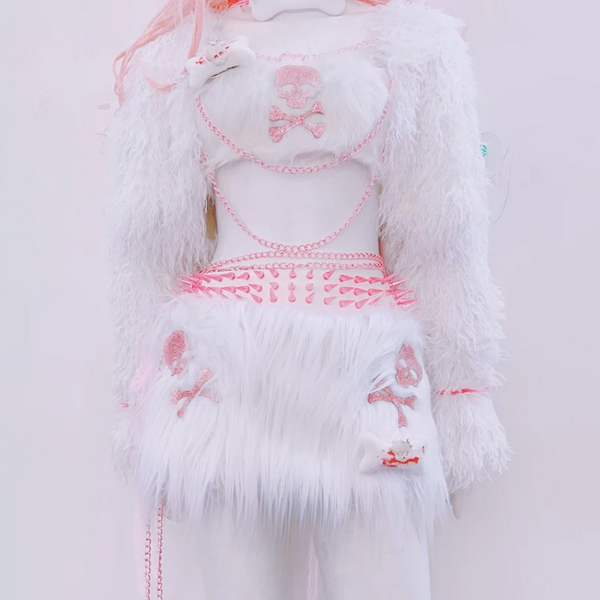 Metal chain fluffy bone applique long sleeve mini skirt set