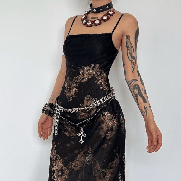 Lace patchwork backless slit cami maxi dress