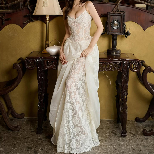 V neck lace cami maxi dress