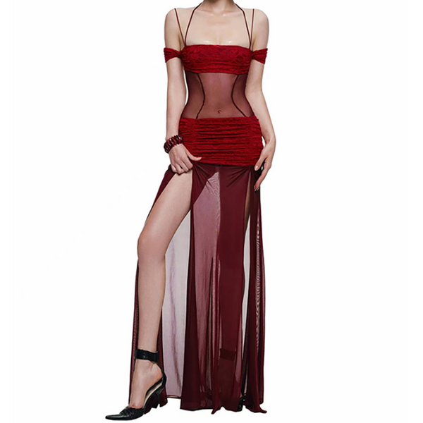 Ruched square neck slit halter cami maxi dress