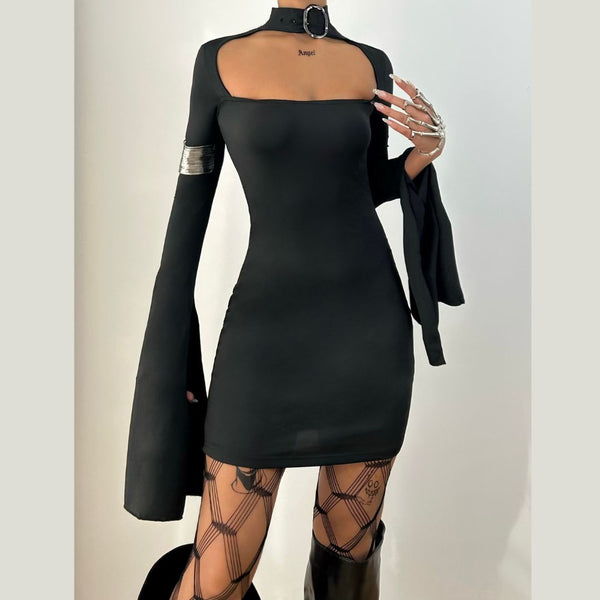 Long sleeve hollow out buckle slit mini dress