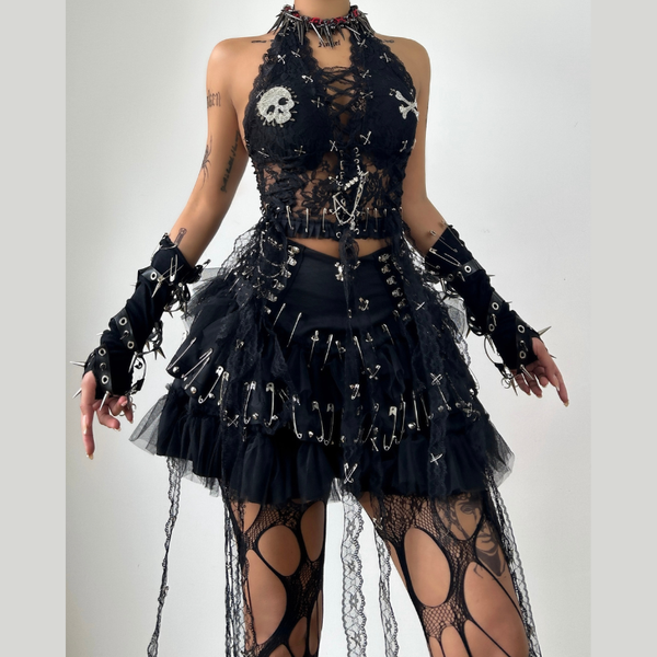 Halter skull beaded lace up lace mesh backless top